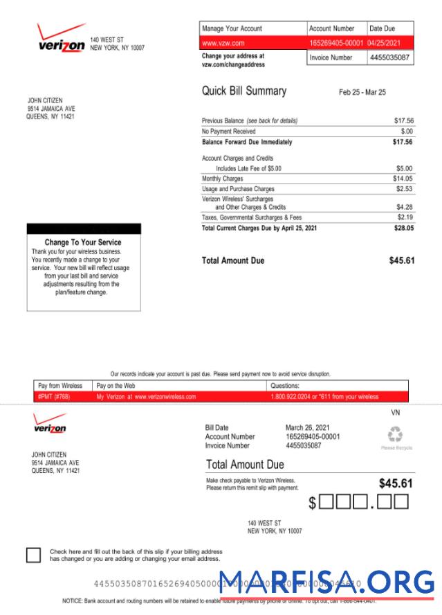 Realistic USA Verizon utility bill Word and PDF template, version 3